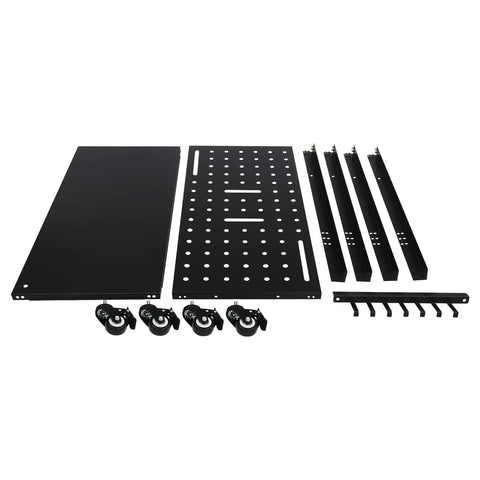 Heavy Duty Welding Table 36 By 18 Inches With A Rock Solid 1200 Lb Capacity Machined Steel Top components and brake casters laid out.