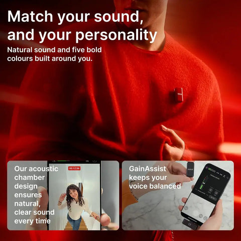Model using Two Mic Wireless Microphone System with clip-on mic, phone display showing GainAssist and recording apps.