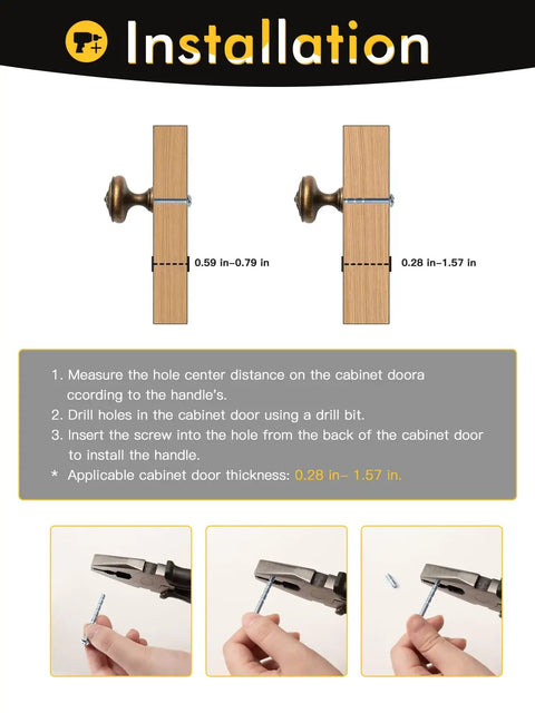 Installation guide for Top Tier Zinc Alloy Cabinet Knobs And Drawer Pulls Antique Brass Finish Five Pack with screw measurements.