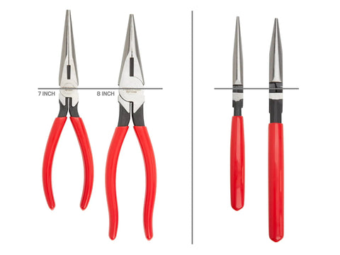 Long Nose Pliers Set Three Piece Includes 7 Inch Straight 8 Inch Straight And 6 Inch Bent Nose With 70 Degree Angled Tips For Reaching Tight Spaces And Grabbing Small Parts In Electronics Auto Repair Hobby Projects, featuring 7in and 8in straight pliers with red handles, side view on white background.