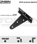 4 Inch T Strap Shed Door Hinge in black finish showing rotation angle up to 270 degrees for gates, fences, and barn doors.
