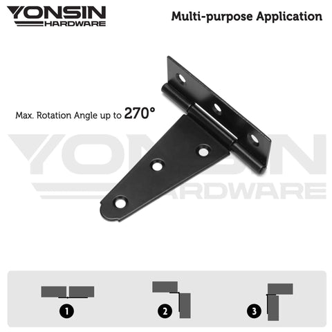 Front view of Beefy 4 Inch T Strap Door Hinges 2 Pack Black Countersunk Holes for Shed Doors and Wooden Fences with rotation info
