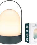 Kin Portable Cordless Lantern Table Lamp with USB Rechargeable 4000mAh Battery in moss green next to packaging