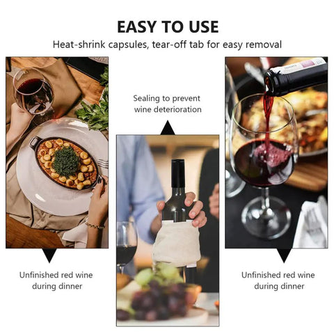 Sleek Black Wine Bottle Shrink Caps Engineered For Fast Heat Shrink Sealing Hella Durable Premium PVC Build used at dinner table.