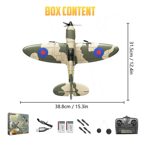 3 Channel RC Plane Spitfire Fighter Ready To Fly Warbird With 2.4GHz Control And 6 Axis Gyro Stabilizer, top view and accessories