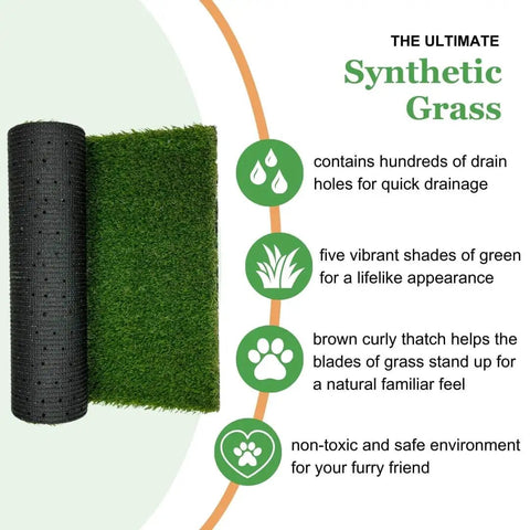 Outdoor Dog Potty Grass With Drainage Hole Realistic Artificial Turf showing rolled up synthetic grass and drainage features.