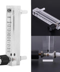 Gas Flow Meter 1 To 10 LPM With Control Valve For Oxygen And Air, transparent acrylic meter with 8mm hose barb shown from front and side