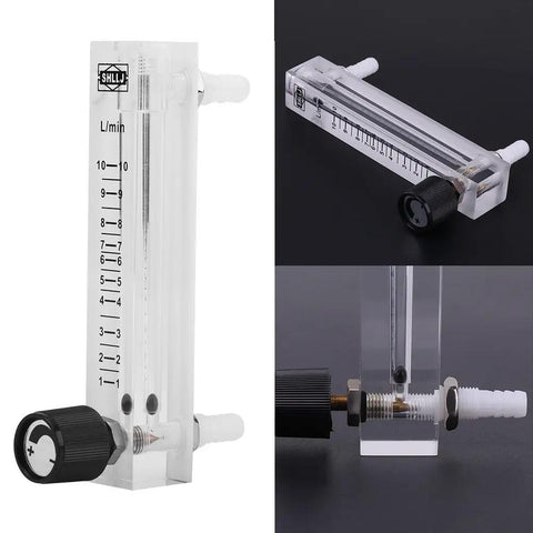 Gas Flow Meter 1 To 10 LPM With Control Valve For Oxygen And Air, transparent acrylic meter with 8mm hose barb shown from front and side
