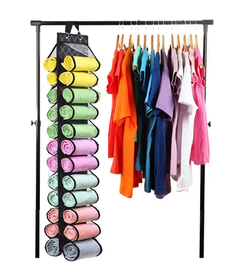 24 Compartments Legging And Shirt Storage Hanger Foldable Closet Organizer Roller Rack displaying colorful leggings and shirts