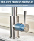 KOOTTI Tall Stainless Steel Kitchen Faucet with Pull Out Sprayer showing drip-free ceramic cartridge on countertop.