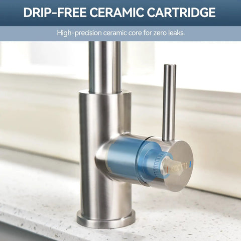 KOOTTI Tall Stainless Steel Kitchen Faucet with Pull Out Sprayer showing drip-free ceramic cartridge on countertop.