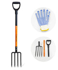 Heavy Duty Garden Fork With 4 Tines 45 Inch Spading Fork Steel Handle And Enhanced D Handle with gloves and disassembled view