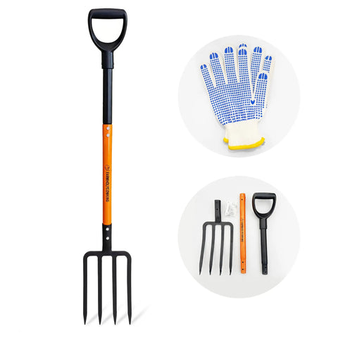Heavy Duty Garden Fork With 4 Tines 45 Inch Spading Fork Steel Handle And Enhanced D Handle with gloves and disassembled view