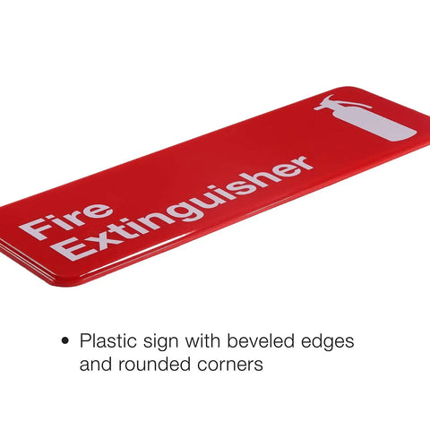 Red Beveled Plastic Fire Extinguisher Sign 9x3 Inch Three Pack For Office Walls With Bold White Text And High Visibility Safety Signage