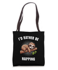 Black sloth tote bag with 'I'd Rather Be Napping' slogan and cartoon sloth, Sloth Tote Bag I'd Rather Be Napping For Lazy Day Vibes.