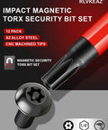 RLVKEAZ 12-piece magnetic Torx security bit set with S2 steel tips, 1/4" hex shank (front-angle view)