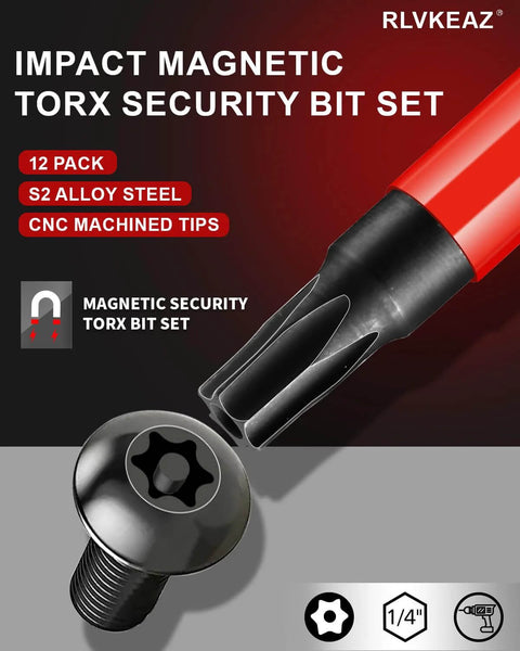 RLVKEAZ 12-piece magnetic Torx security bit set with S2 steel tips, 1/4" hex shank (front-angle view)