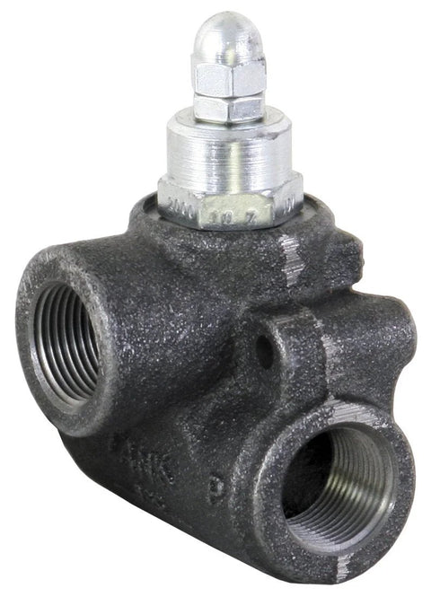 Front view of in-line relief valve with 3/4 NPTF ports; dark cast-iron body and silver adjustment stem