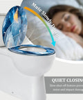Elongated Toilet Seat for Bathroom with slow-closing lid feature and blue abstract design, fits standard toilets.