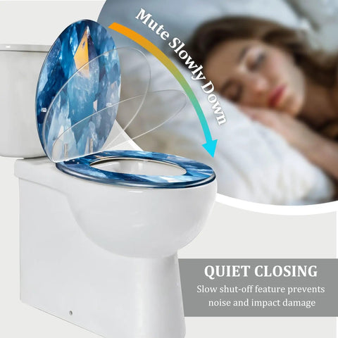 Elongated Toilet Seat for Bathroom with slow-closing lid feature and blue abstract design, fits standard toilets.