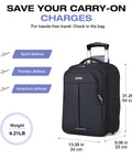 Lekespring rolling backpack with wheels, black carry-on luggage with front zip pockets.