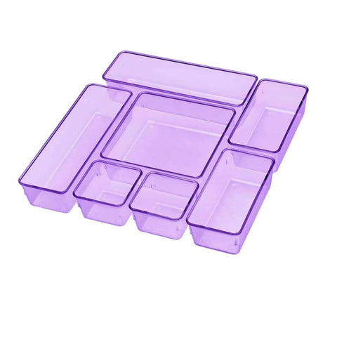 Modular Drawer Organizer Set With 7 Bins In 4 Sizes For Office, Home, Makeup, Kitchen And Junk Drawers, Clear Purple Plastic Storage Trays