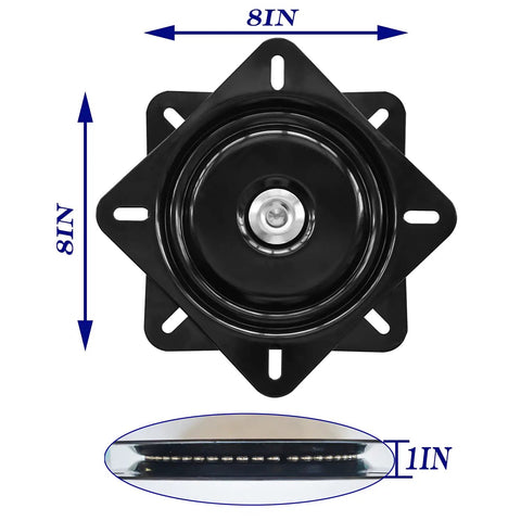 Heavy Duty 8 Inch Bar Stool Swivel Plate with Solid Ring Ball Bearings 500 Lbs Capacity, top view, black steel construction