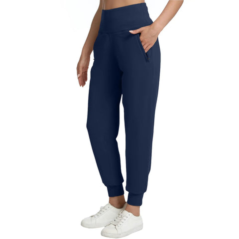 Person wearing Fleece Lined Womens Joggers With Zip Pockets High Waist Athletic Pants For Travel Lounge And Workout Lightweight Warm Navy Blue Plus Size 3XL