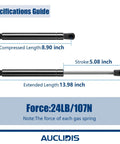 Heavy Duty Gas Strut Lift Support for Truck Camper Shell Topper Cap and Tool Box specifications, including lengths and force.