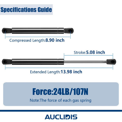 Heavy Duty Gas Strut Lift Support for Truck Camper Shell Topper Cap and Tool Box specifications, including lengths and force.