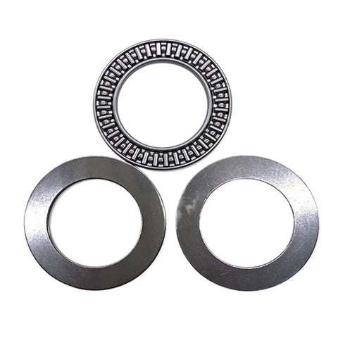 Single Axk Series Plane Thrust Needle Roller Bearing Pre Lubricated For Hydraulic Cylinders shown with flat washers, metallic finish.