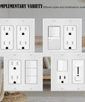2-Gang Decora Wall Plate Cover White Durable Unbreakable Polycarbonate Electrical Faceplate For Light Switches Dimmers GFCI Receptacle USB Outlet Smart Switch Compatibility 10-Pack shown with various switch configurations.