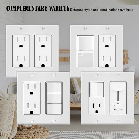 2-Gang Decora Wall Plate Cover White Durable Unbreakable Polycarbonate Electrical Faceplate For Light Switches Dimmers GFCI Receptacle USB Outlet Smart Switch Compatibility 10-Pack shown with various switch configurations.