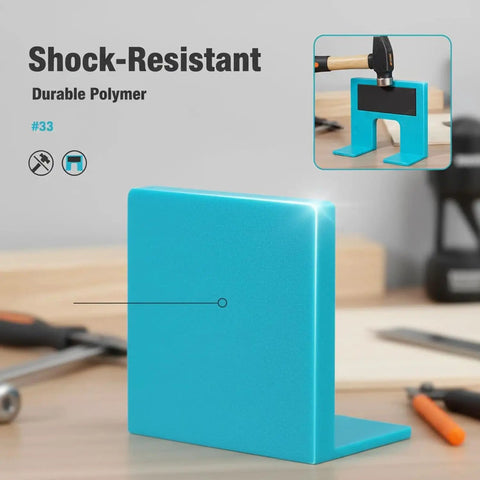 Shock-resistant blue polymer block displayed on a wooden workbench, with hammer usage inset and tool symbols visible.