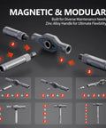 All-Purpose 42-In-1 Magnetic Ratchet Screwdriver Set With S2 Steel Bits showing modular assembly options with zinc-alloy handle.