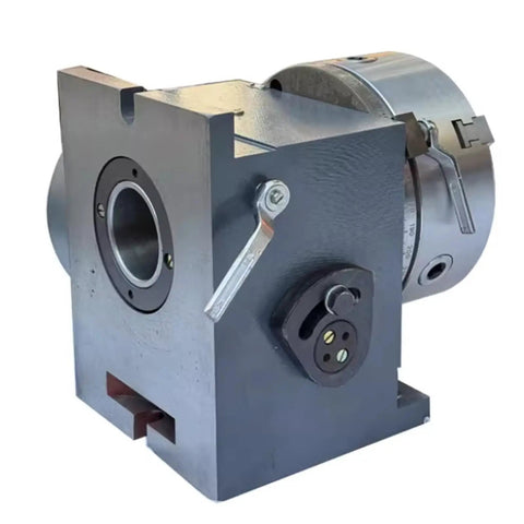 Premium 3 Jaw Chuck Indexing Head With Tailstock For Horizontal Or Vertical Use On Cnc Milling Machines showing cast iron construction and controls.