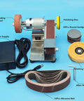 Knockout Mini Belt Sander And Slick Dual Voltage Polisher With Tough Fixed Angle Grinding Wheel for swift knife sharpening and no sweat DIY jobs, includes accessories.