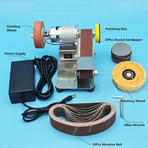 Knockout Mini Belt Sander And Slick Dual Voltage Polisher With Tough Fixed Angle Grinding Wheel for swift knife sharpening and no sweat DIY jobs, includes accessories.