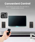 R2000DB Powered Bluetooth Bookshelf Speakers With Optical Input And 120 Watts RMS shown with remote control and TV setup.