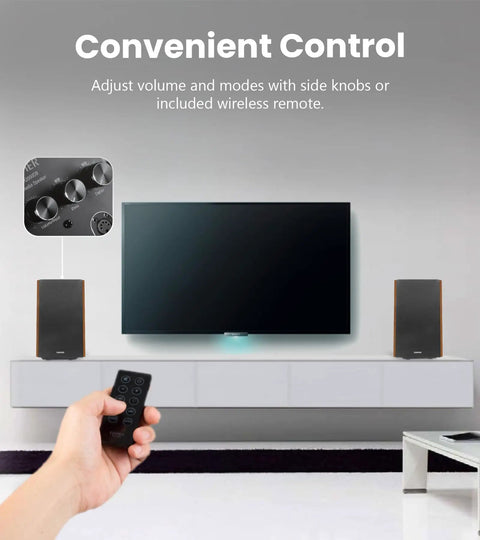 R2000DB Powered Bluetooth Bookshelf Speakers With Optical Input And 120 Watts RMS shown with remote control and TV setup.