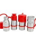 Four 1/2-inch NPT skid-steer hydraulic quick-connect couplers with red dust caps, flat-face