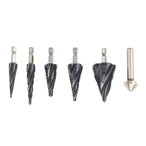 Step Drill Bit Set With 4 Flute M35 Cobalt For Stainless Steel And Hard Metal Cutting Fast Precision Pagoda Kit Includes Bits Up To One Inch., five step bits and twist bit with 1/4 inch shank