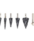 Step Drill Bit Set Featuring 4 Flute Design With 1 3/8 Inch Range And M35 Cobalt Construction For Drilling Stainless Steel And Hard Metal Like A Champ. 6 bits