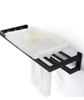 Two Tier Wall Mounted Towel Rack For Bathroom, 24 Inch Matte Black Towel Shelf With Bar, No Assembly, displaying towels