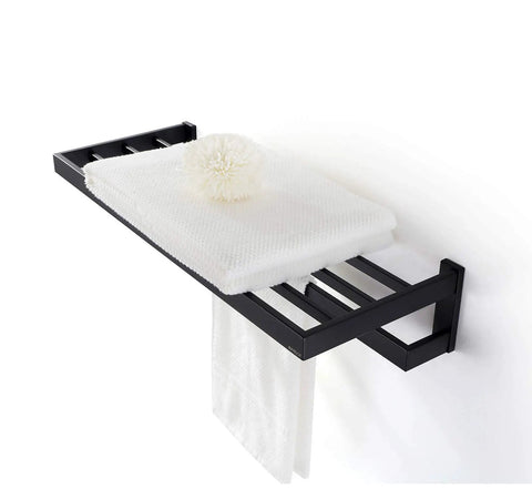 Two Tier Wall Mounted Towel Rack For Bathroom, 24 Inch Matte Black Towel Shelf With Bar, No Assembly, displaying towels