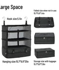Massive Capacity Travel Hanging Packing Cubes Organizer with hooks, folded and packed views, black, large space dimensions visible.