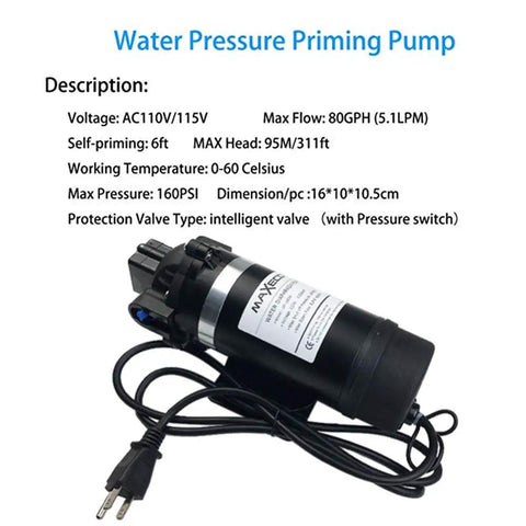 110V High Pressure Diaphragm Water Pump Self Priming 160 PSI 5 LPM 80 GPH Sprayer For Home Misting RV Caravan Boat Marine Use Easy Install Quiet Operation Rugged Build For Outdoor Water Systems