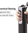 Real Deal 1000 Watt Handheld Immersion Blender With Stainless Steel Shaft and Dual Speed Settings, featuring ergonomic grip and low noise motor.