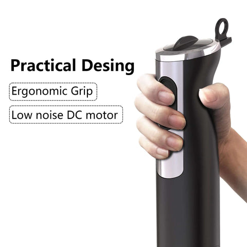 Real Deal 1000 Watt Handheld Immersion Blender With Stainless Steel Shaft and Dual Speed Settings, featuring ergonomic grip and low noise motor.