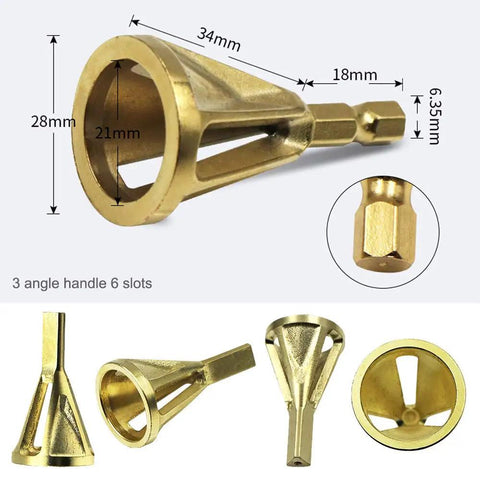 3Pcs Chamfering Tool Set For Outer Edge Deburring And Trimming Compatible With Electric Drill Chuck Quick Angle Grinding File For Wood Metal Smooth Finish Handy Work, showing brass chamfering tool with measured dimensions.
